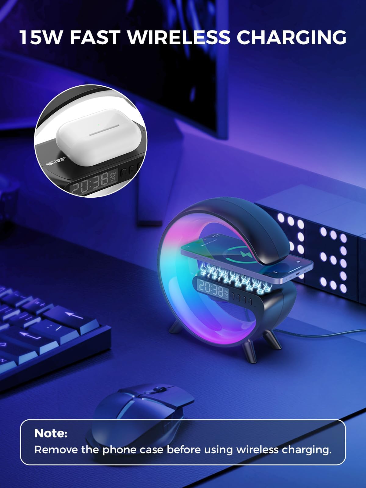 Smiling Shark Lichtwecker, Intelligente Wecker Licht Atmosphärenlicht 10 Modus mit Kabelloses Ladegerät und Bluetooth Lautsprecher Taste Steuerung Sonnenaufgang Licht Wecker für Wohnzimmer