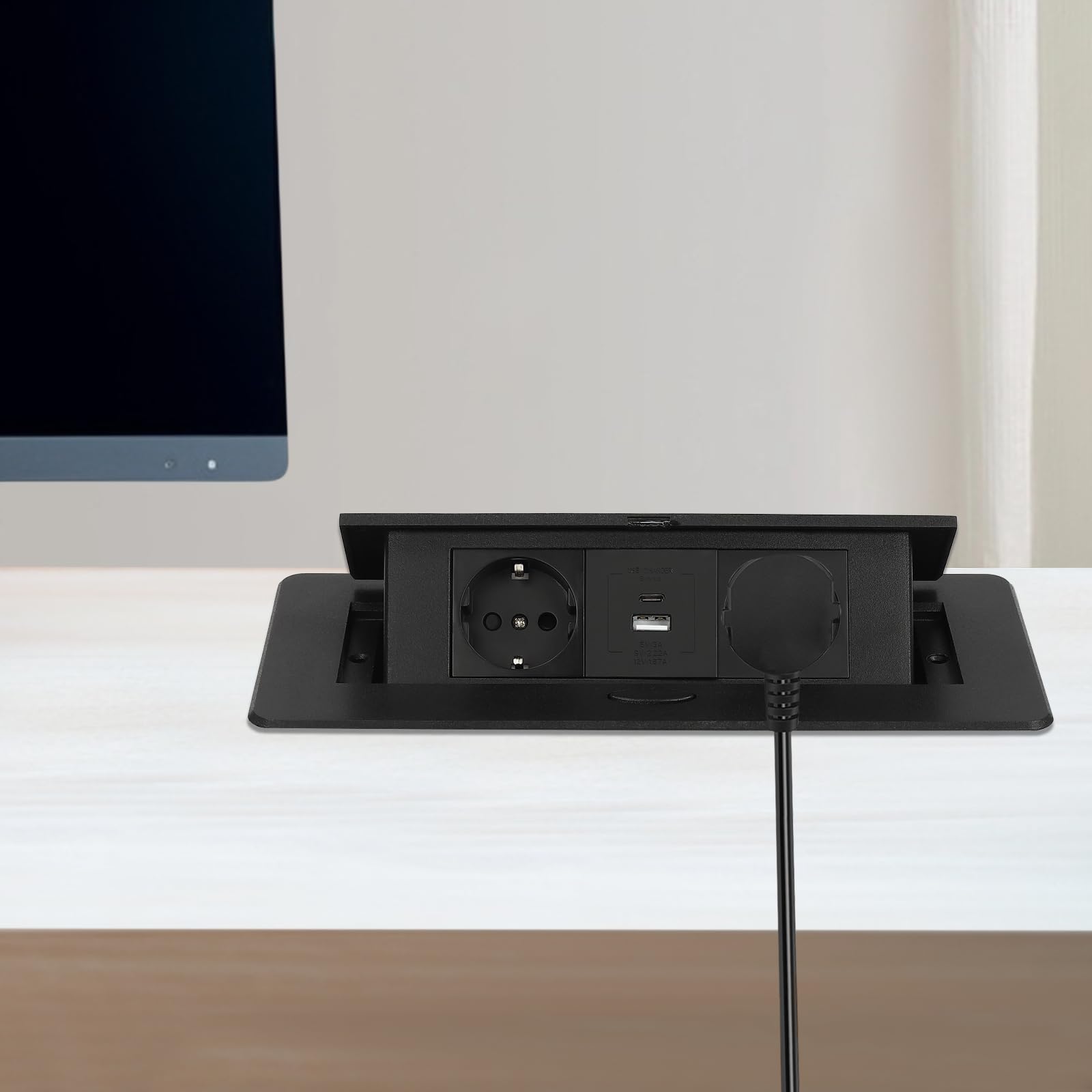 Prise encastrable escamotable pour bureau - 250 V - USB type C - Charge rapide - Pop Up - Prise de table - Peu encombrante - Pour plan de travail et bureau - Noir
