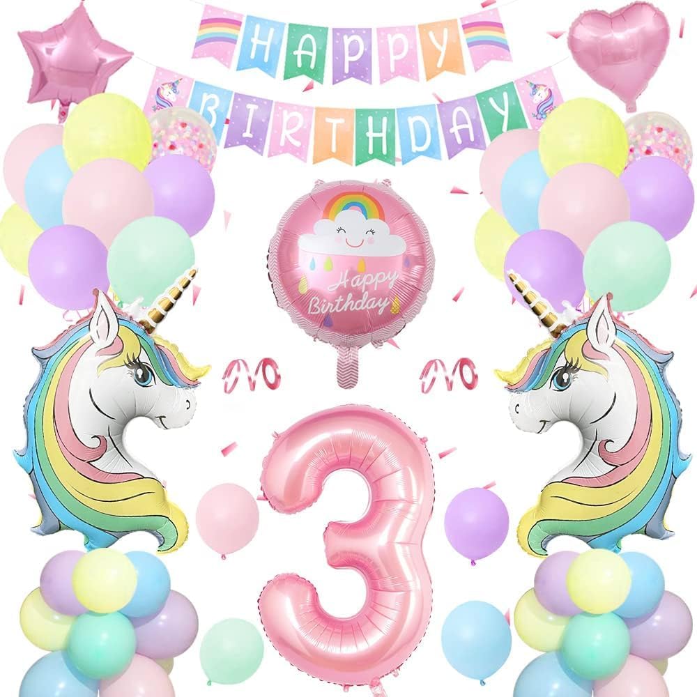 3rd Unicorn Birthday Decorations Girls,Unicorn Party Decorations Supplies with Large Number 3 Foil Balloon,Unicorn Balloons,Happy Birthday Banner,latex balloons for Baby Girls Birthday Decoration