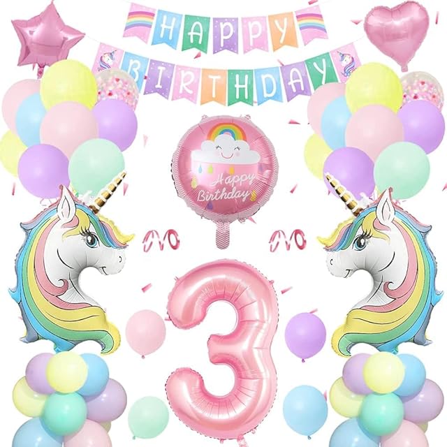 3rd Unicorn Birthday Decorations Girls,Unicorn Party Decorations Supplies with Large Number 3 Foil Balloon,Unicorn Balloons,Happy Birthday Banner,latex balloons for Baby Girls Birthday Decoration