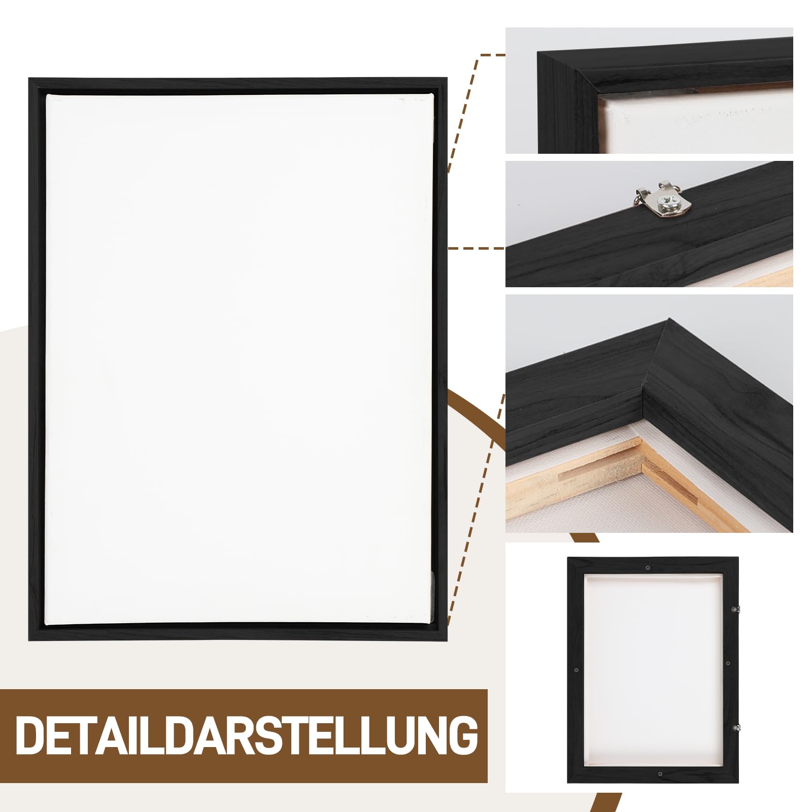 Marco flotante de 60 x 80 cm, marco de madera para lienzo, marco de imagen MDF para lienzo/bastidor, fácilmente extraíble para cambiar el motivo, marco de lienzo negro (negro, 60 x 80 cm)