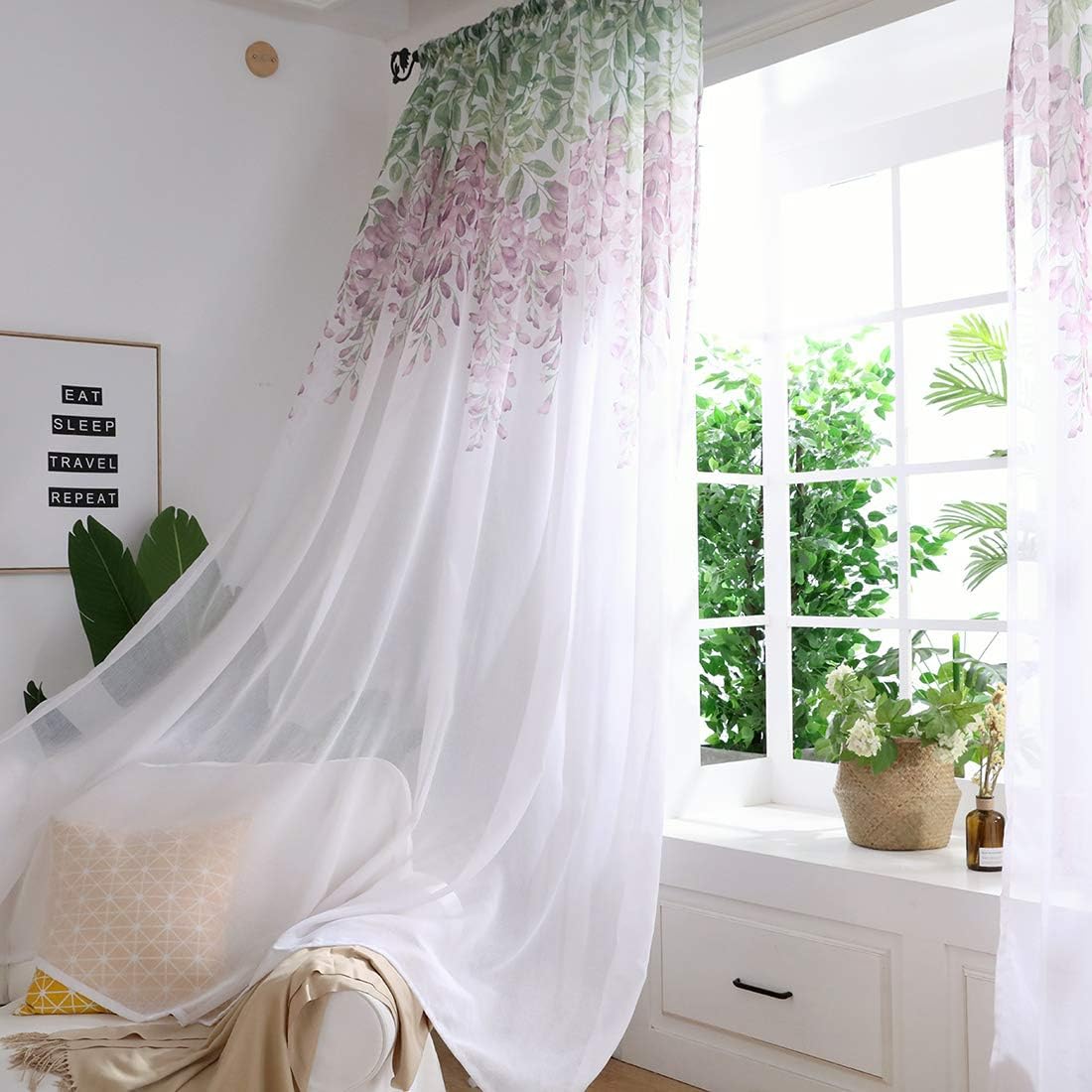 vctops Bohemian Flower Leaf Print Sheer Curatins Rod Pocket Botanical Pattern Voile Window Curtain 2 Panels for Bedroom Living Room, 78 x 106 Inch, Purple