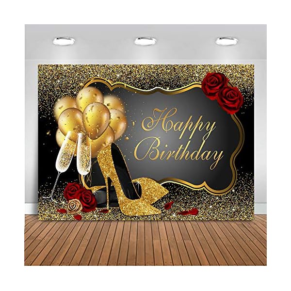 Mocsicka Fotohintergrund, Motiv: Rote Rose, 2,1 x 1,5 m, Schwarz / Gold, High Heels, Champagner, Happy Birthday, Banner…