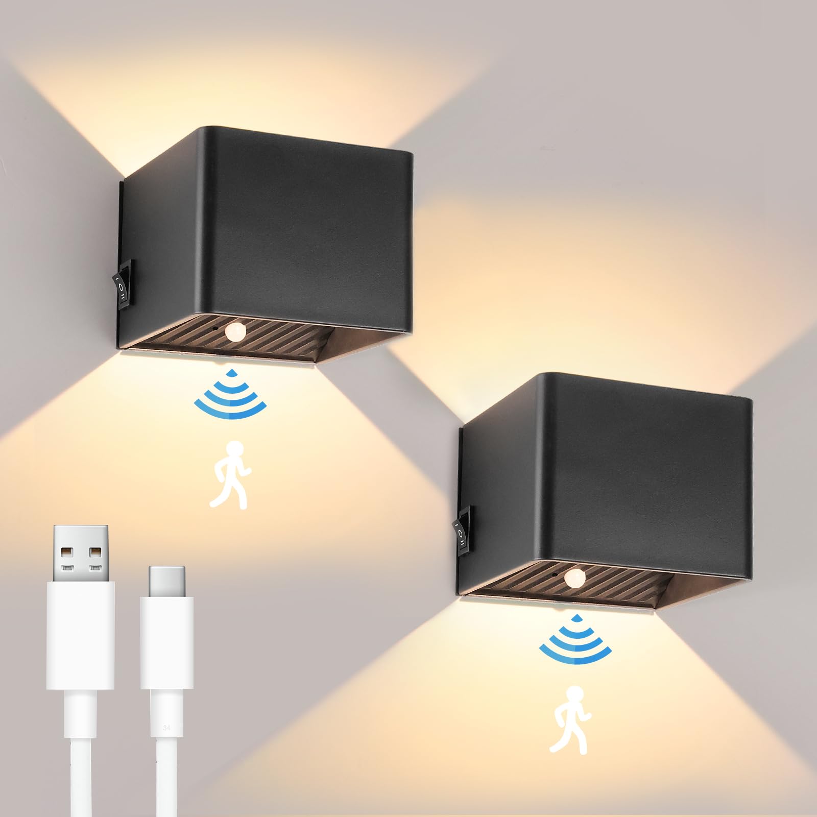 GeyouLux 2 Stück 3000mAh Akku Wandleuchte mit Bewegungsmelder Innen 5W Aufladbare Wandleuchte Innen Ohne Stromanschluss mit 3 Modi 3000K Wandlampe Innen Akku für Treppe Flur Wohnzimmer Schlafzimmer