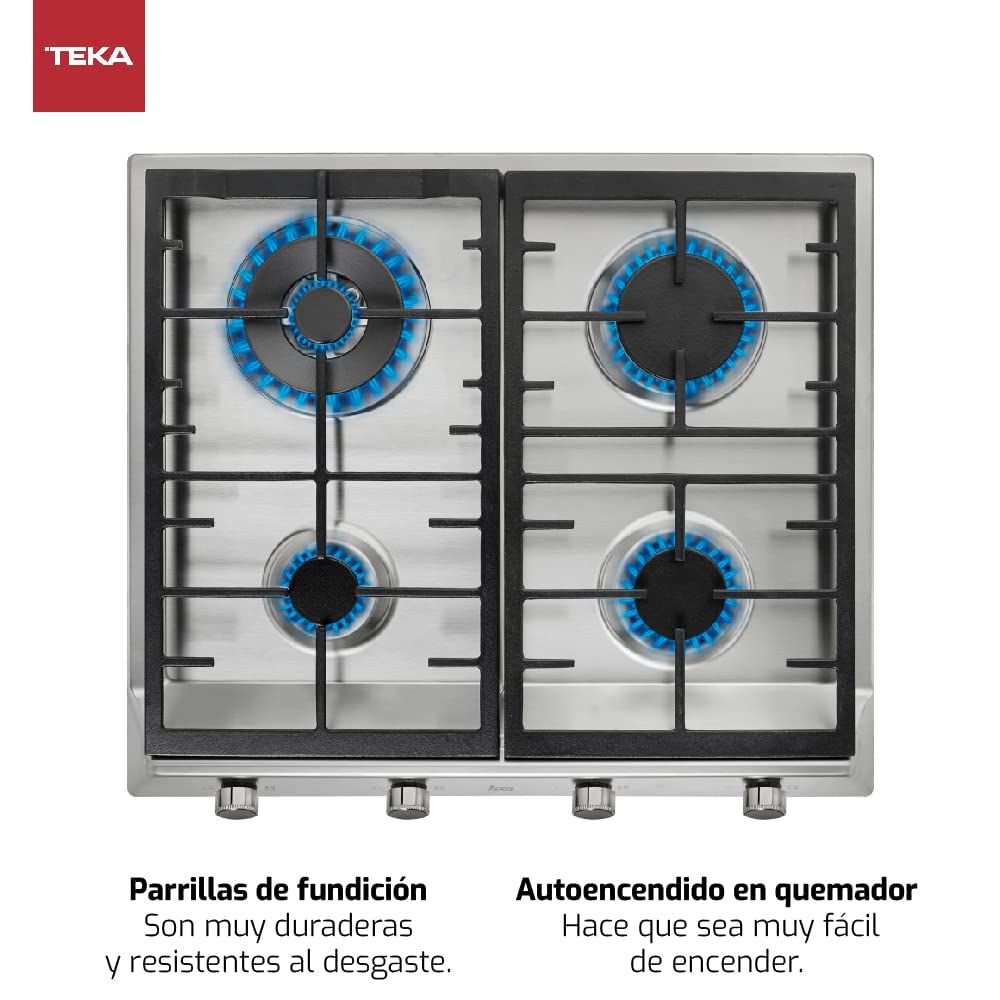 TEKA Cocina de Gas 58 cm, 4 Fuegos, Doble Anillo, Mandos Frontales Metalizados, Quemadores Alta Eficiencia, Autoencendido, Seguridad Termopar, Modelo EX 60.1 4G AI AL DR CI