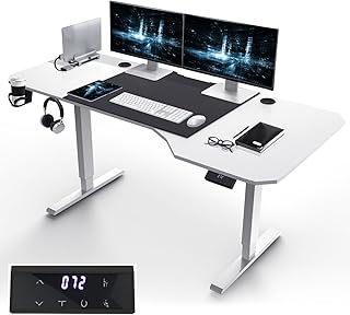 KAIMENG Height Adjustable Standing Desk, 160 x 75 Electric Standing Desk, Stand to Up Desk with Memory Control, Ergonomic L-Shaped Desk Gaming Desk with Cup Holder, Hook,Home Office Desk (White)