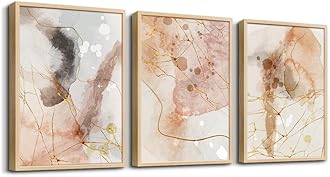 Boho Abstract Wall Art for Living Room, Bedroom, Office - Minimalist Ink Painting Prints with Natural Wood Frame - 3 Piece Home Decor