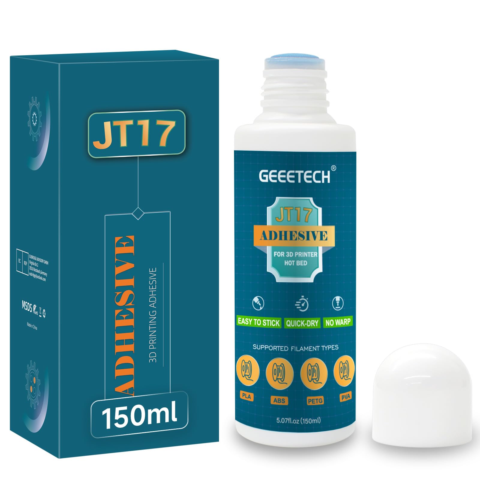 GEEETECH Adhesivo para impresora 3D JT17 150 ml, barra de pegamento para impresora 3D, pegamento perfecto de primera capa, fórmula soluble en agua, adhesivo para impresión 3D, compatible con PLA, ABS