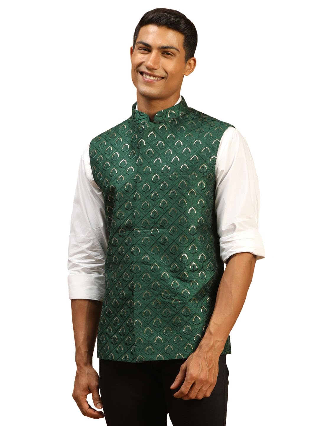 vastramay Men's Silk Blend Nehru Jacket | Sequins Embroidered Dupion Nehru Jacket for Men-picture-41