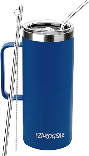 Ezprogear - Taza de café de acero inoxidable, con doble pared, aislada al vacío, con mango y tapa