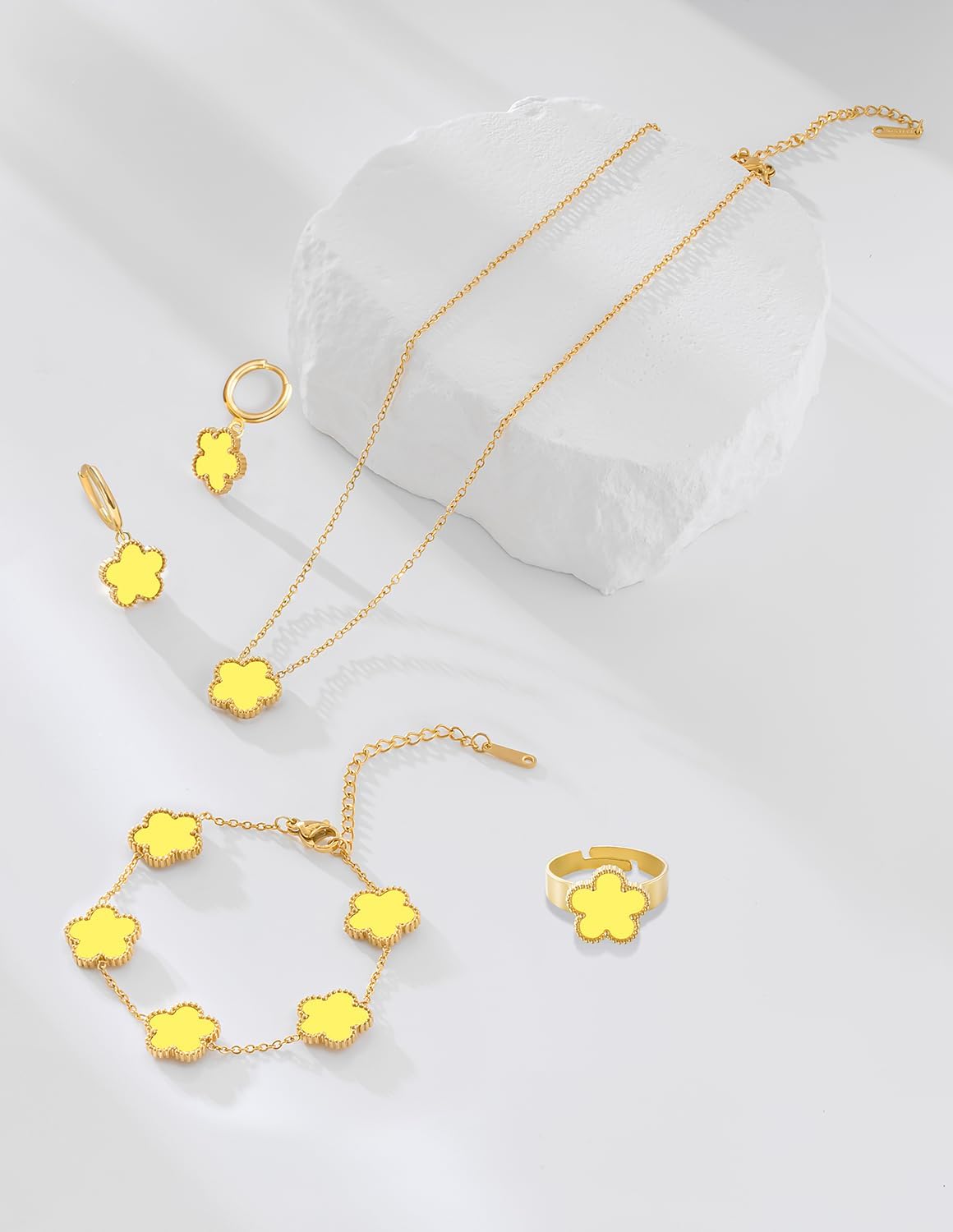 Gold Plated Stainless Steel Four Leaf Clover Bracelet Necklace Ring and Earrings Jewelry Set for Women