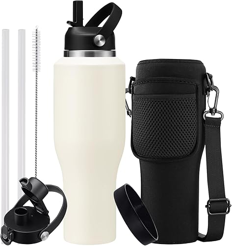 Miniatura 23 de Botella de agua de 32/40 onzas con estuche de transporte, botella aislada de acero inoxidable con tapa y pajita, taza térmica al vacío de doble