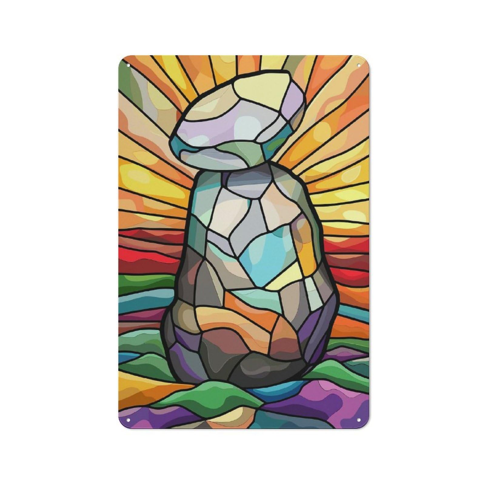 Junmoney Style-1 Stained Glass Cairn With Sunset Background Vintage Metal Wall Sign 30X20cm For Kitchen Or Home Bar, For Garage, Workshop And Man Cave Decoration