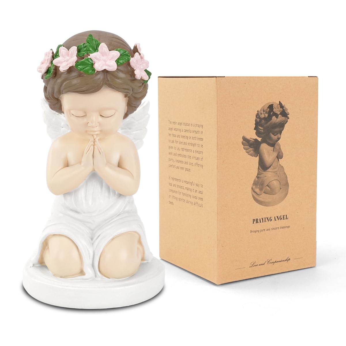 Schutzengel Geschenke Statue, Weiß Betenden Guardian Angel Figur für Frauen, Kamelie Betenden Schutzengel Figur mit Flügeln, Desktop-Harz Ornamente Figuren für Thanksgiving Weihnachten Memorial(Beige)