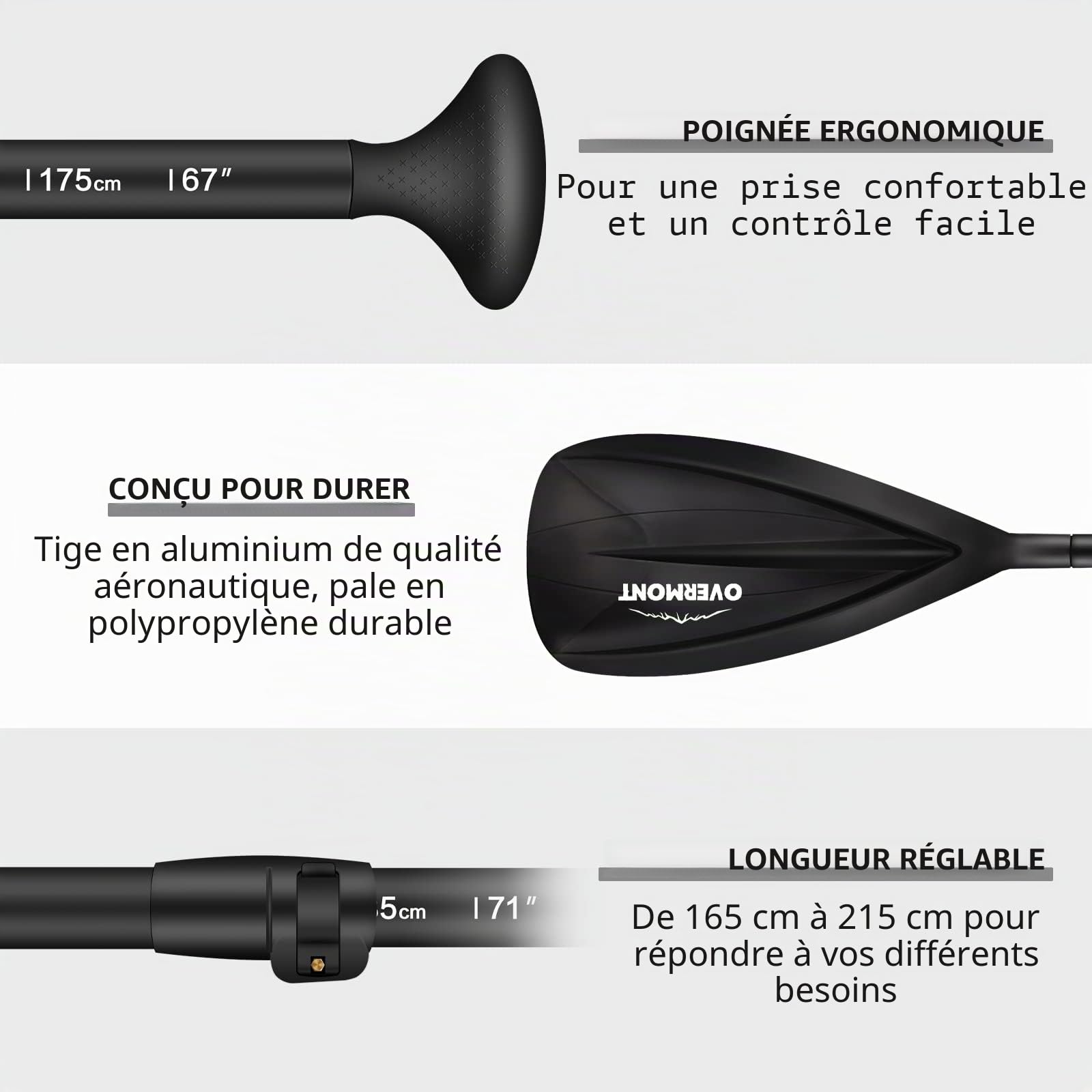 OVERMONT Pagaie Sup Réglable 162–215 cm, Démontable en Aluminium | Manche en aluminium, pale en PP et poignée antidérapante; réglage télescopique pour SUP, kayak, canoë et bateau gonflable