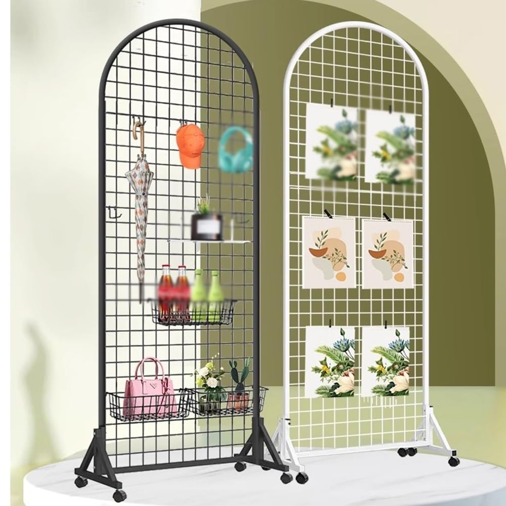 Zfmnoyev Grid Wall Panels with 20pcs Hooks, Movable Floorstanding Arch Shape Grid Wall with Wheel, Wire Grid Panel Display Rack, for Retail and Art Craft Fair ?(Black,60x40x120cm)