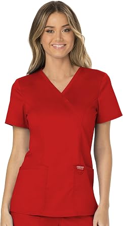 Cherokee Scrub Set For Women, Modern Classic Fit Mock Wrap Top WW610 With Mid Rise, Straight Leg Pant WW110, Red- L Top/M Petite Pant