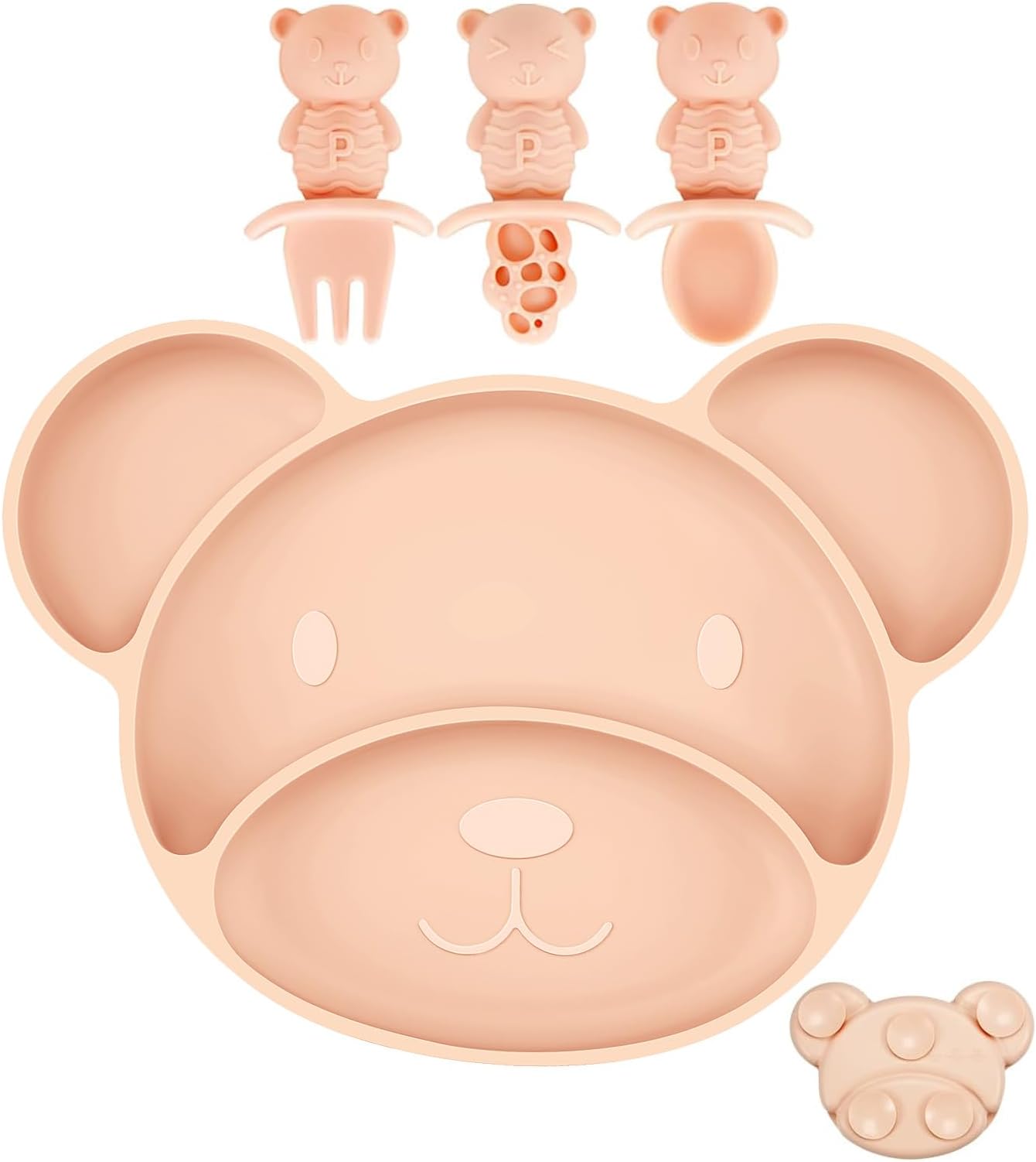 PandaEar Silicone Suction Plate Spoon and Fork for Self-Feeding, Divided Toddler Plate, 100% Silicone Baby Food Plate, BPA Free, Microwave Safe, Bear Shape (Pink)