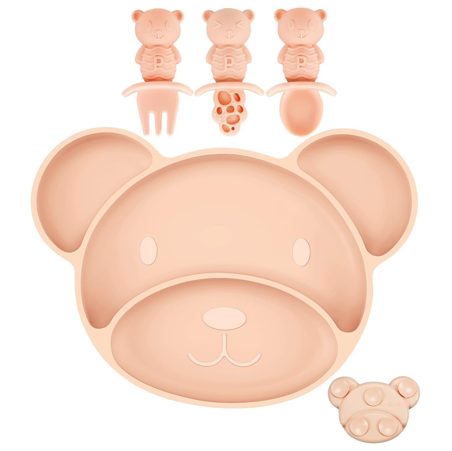 Silicone Suction Plate, Spoon and Fork Set, Toddler Self-Feeding, BPA Free, Dishwasher & Microwave Safe, Bear Shape (Pink)