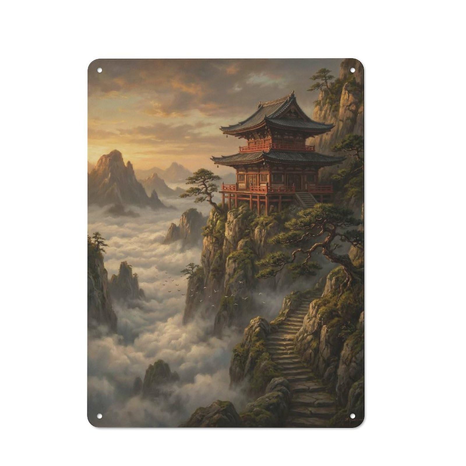 Junmoney Style-3 Garage Style Serene Mountain Temple At Sunrise Decorative Metal Plaque 40X30cm, Garage Wall Decor For Workshop, Basement, Shed Or Games Room