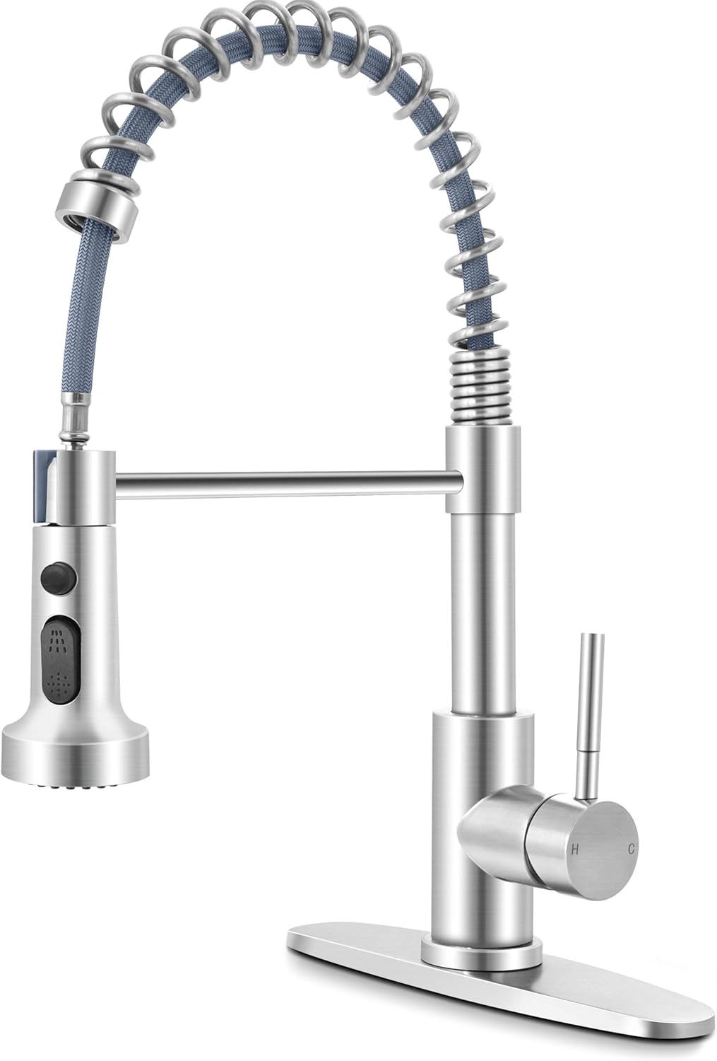 Kitchen Faucets with Pull Down Sprayer Brushed Nickel, Herogo 2.0 Upgraded Commercial Stainless Steel Single Handle Pull Out Spring Sink Faucets with Deck Plate for Utility Farmhouse Laundry Rv Wet