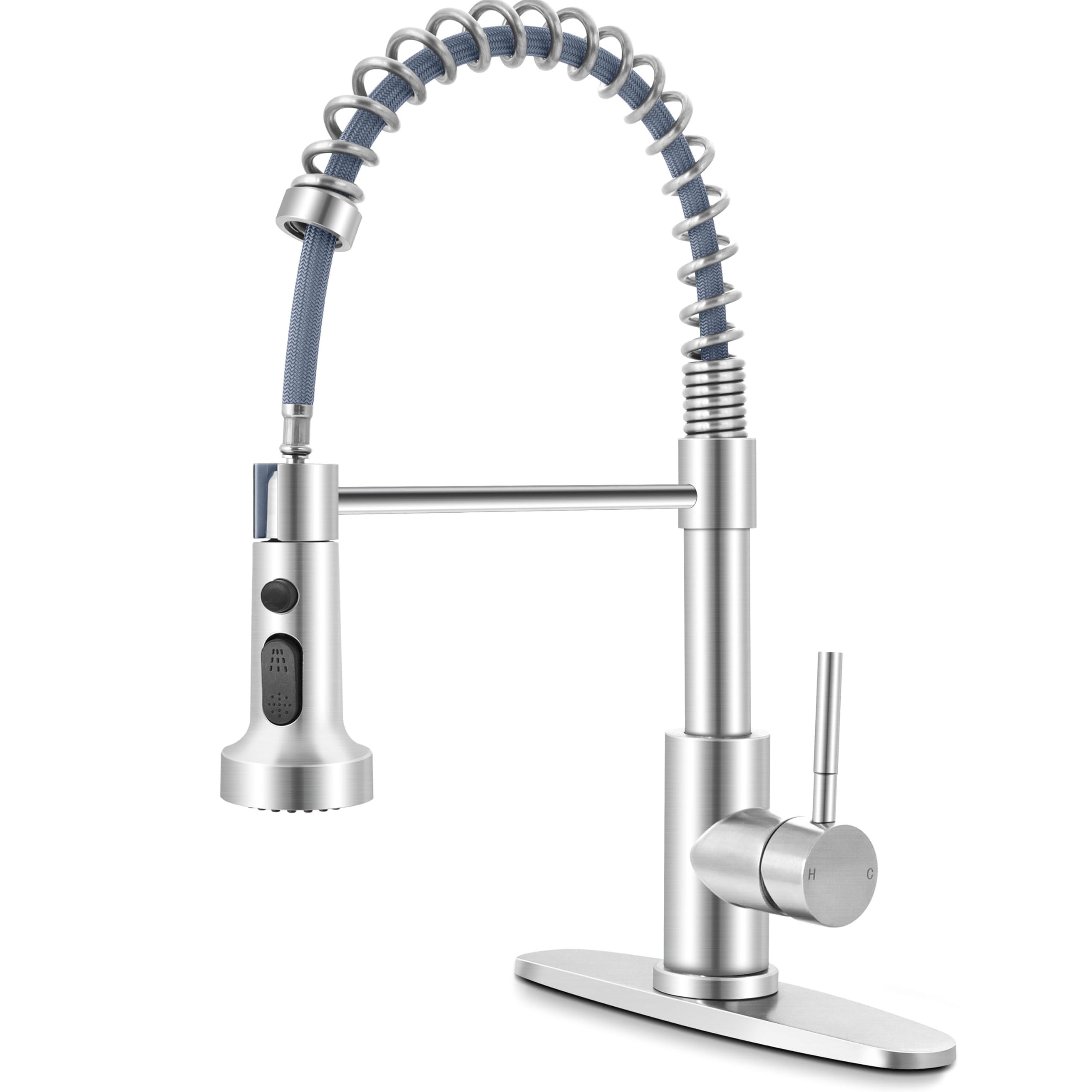 Kitchen Faucets with Pull Down Sprayer Brushed Nickel, Herogo 2.0 Upgraded Commercial Stainless Steel Single Handle Pull Out Spring Sink Faucets with Deck Plate for Utility Farmhouse Laundry Rv Wet