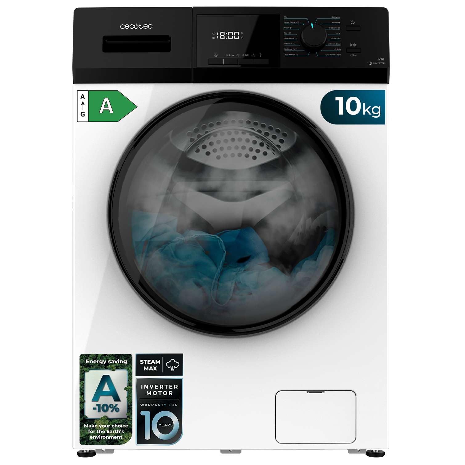Cecotec Lavadora 10Kg Carga Frontal Bolero Dresscode 10410 Inverter A. 1950W, 1400 rpm Regulables, 16 Programas, Motor Inverter Plus, Bajo Consumo, Vapor, Esterilización de la Ropa Etiqueta Energética