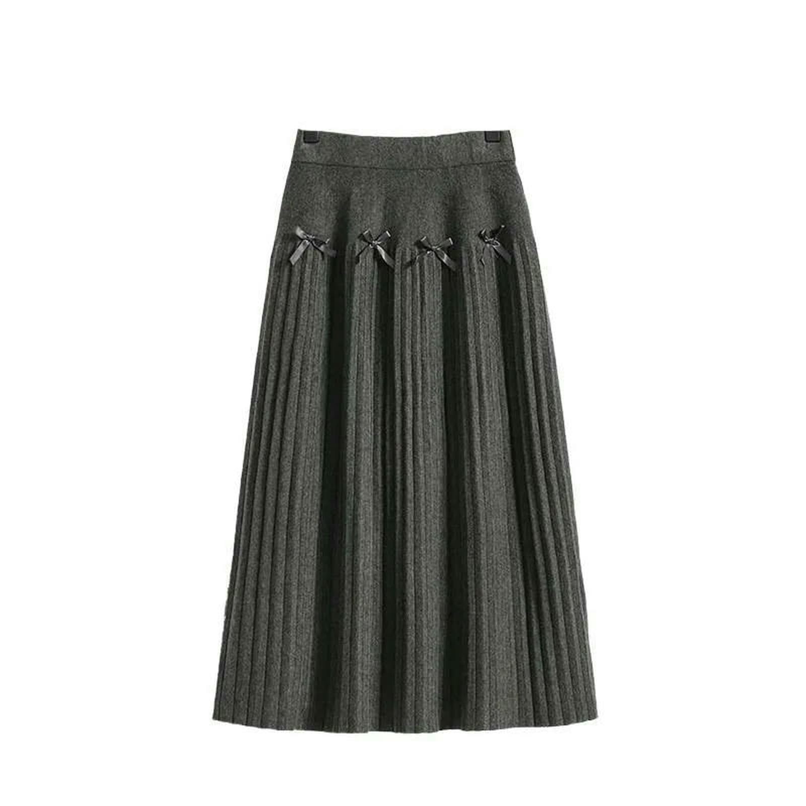 Gonna Lunga Plus Size Autunno Inverno A Pieghe Lavorata Maglia Papillon Che Copre La Pancia Longuette Dimagrante A-Line Donna Ele-Grigio Scuro-l