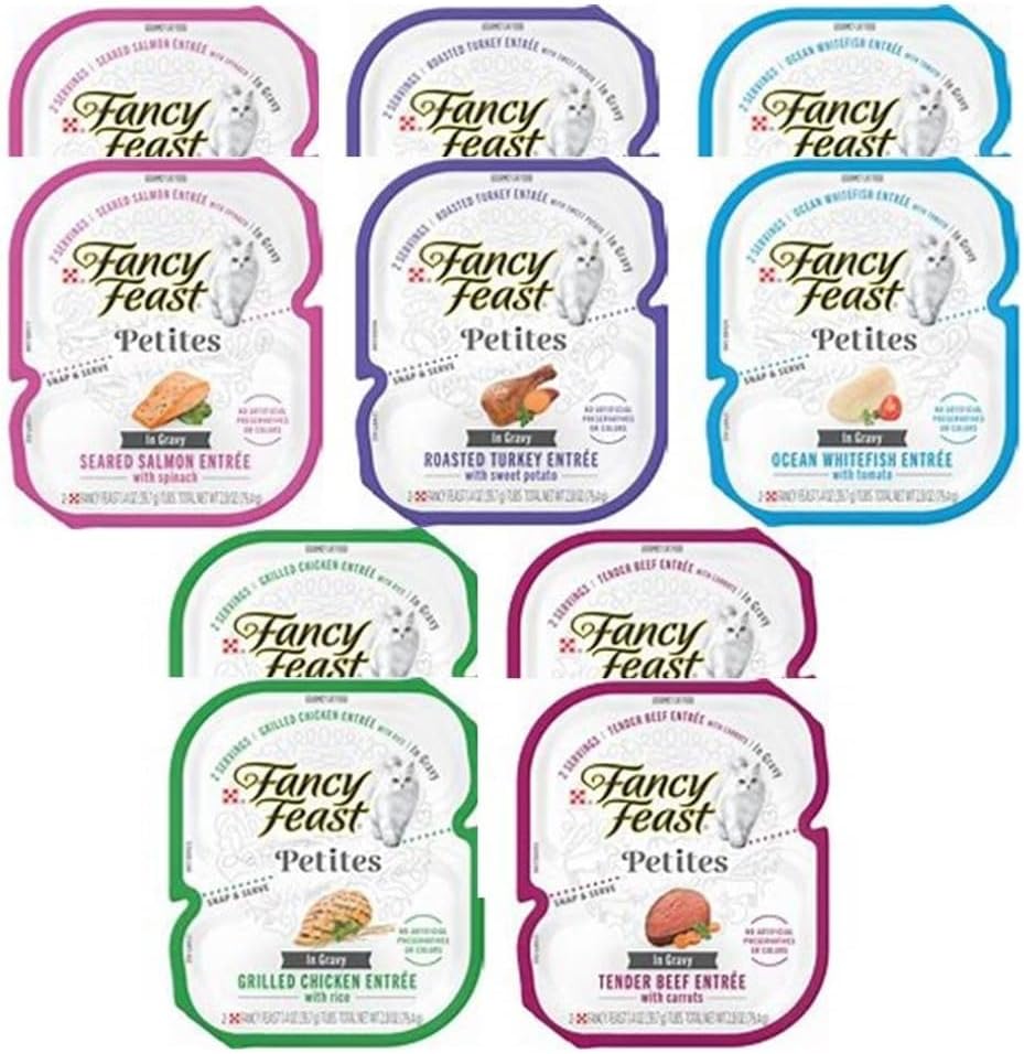Fancy Feast Petites in Gravy Wet Cat Food, Variety Combo 5 Flavor Pack, 20 Servings Total: 4 Beef, 4 Chicken, 4 Whitefish, 4 Salmon, 4 Turkey, a Cat Toy and HubItAll Sticker