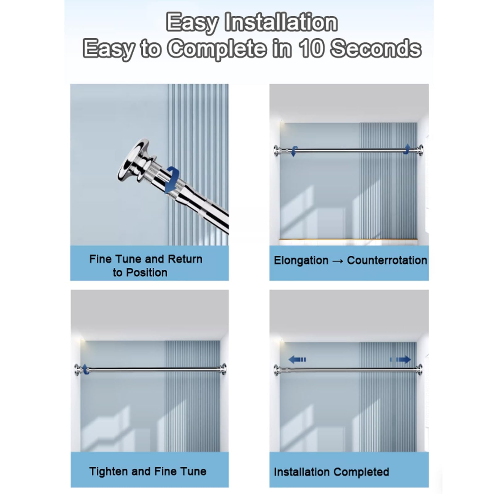 Barra de cortina de ducha de tensión ajustable sin taladro, fácil instalación para baños, puestos, ventanas, longitud flexible de 50 a 65 cm