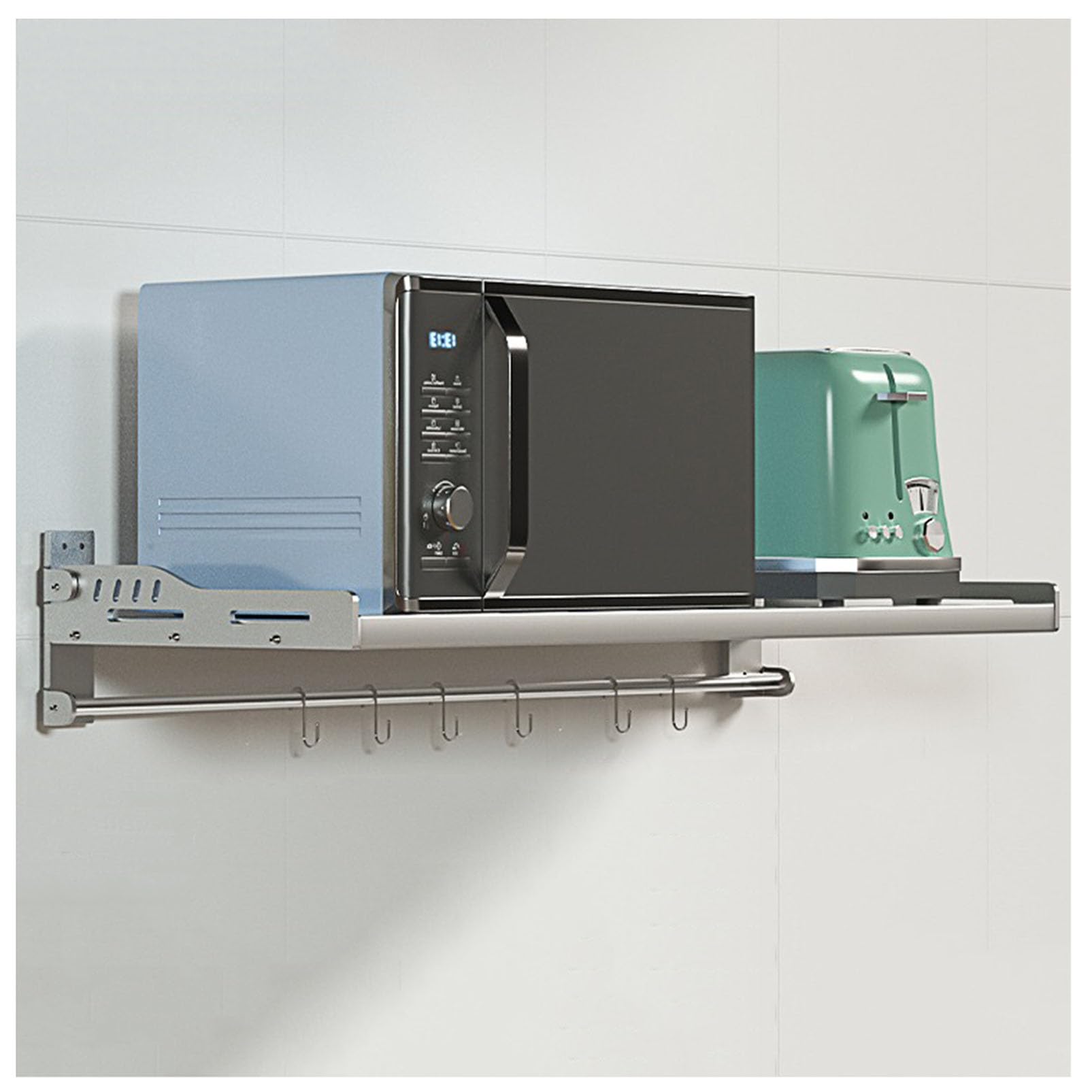 GLJTUO Stainless Steel Wall-Mounted Microwave Rack Foldable Oven Holder with 6 Hooks Kitchen rage Shelf for Pots Pans & Utens Space-Saving,80×35cm