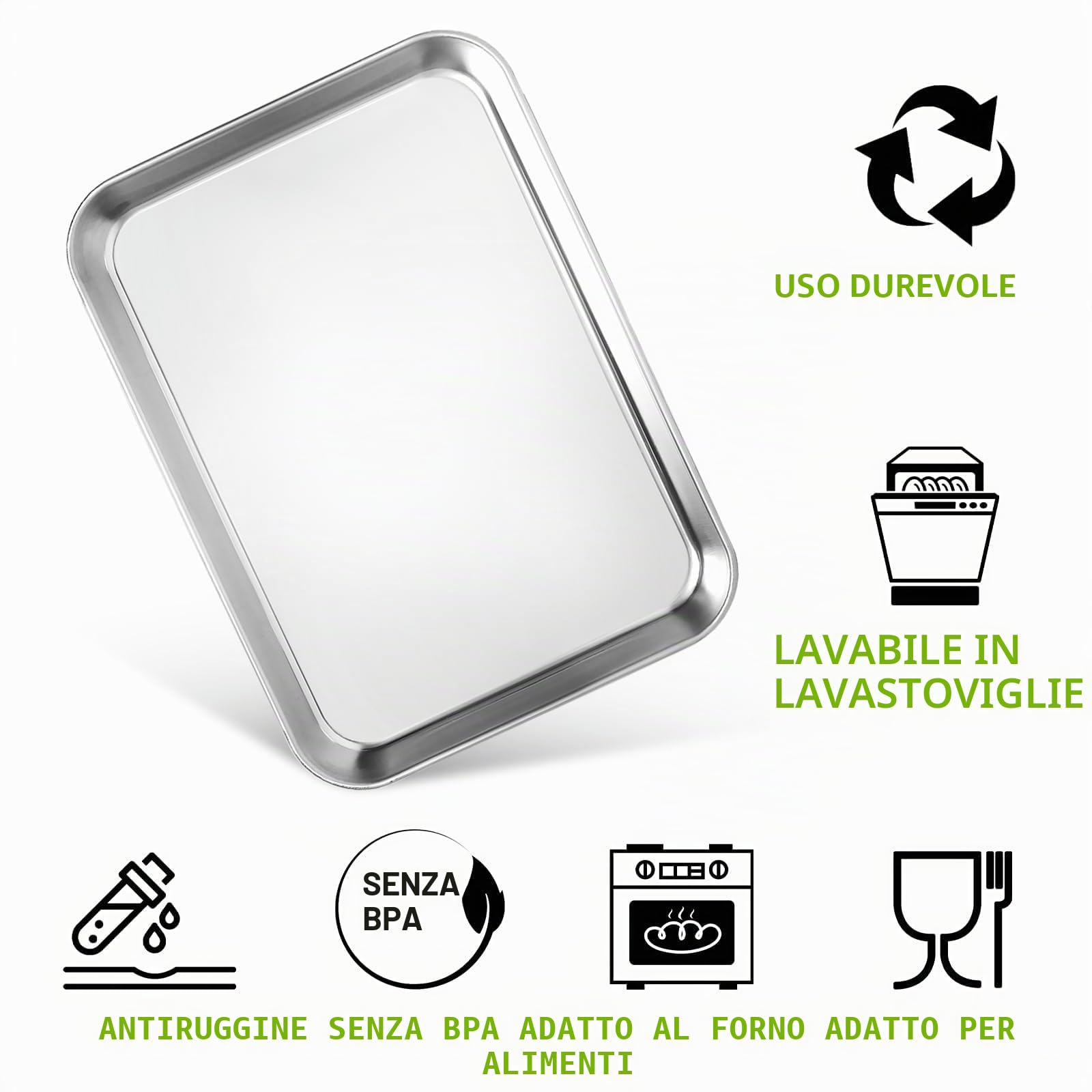 Set di 4 teglie da forno rettangolari in acciaio inox, atossiche e sane, resistenti e durevoli, rifiniti a specchio e lavabili in lavastoviglie