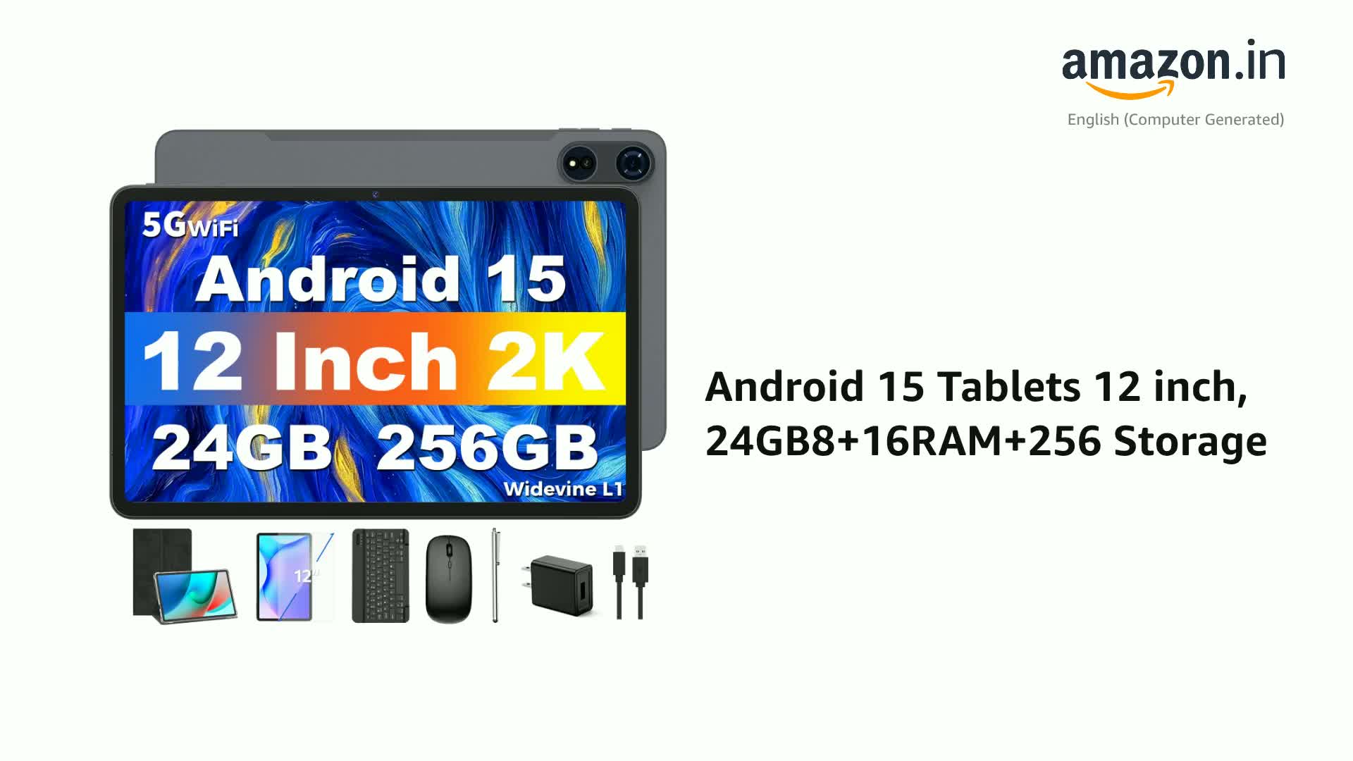Android 15 Tablets 12 inch, 24GB（8+16）RAM+256 Storage(Expand to