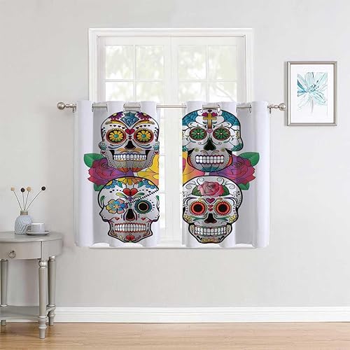 Miniatura 2 de Cortinas para Habitacion Calavera de Azúcar Decoración con ojales para marco de puerta corta Cortinas para Ventanas de Cuarto 85 pulgadas de ancho