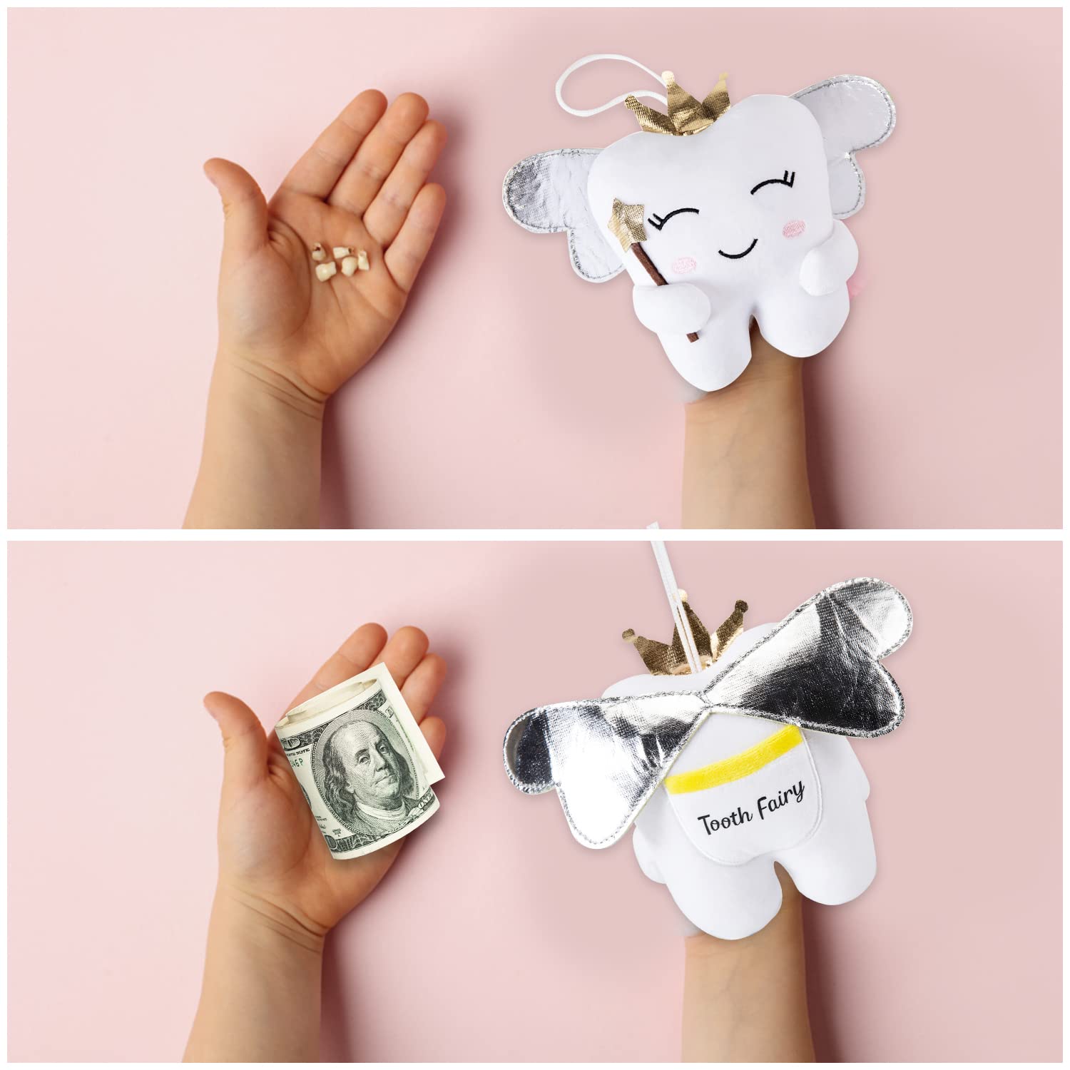 Poupée fée des Dents Ailes Brillantes brodé Oreiller fée des Dents avec Poche Souvenir fée des Dents Cadeau pour garçons Filles (Blanc)