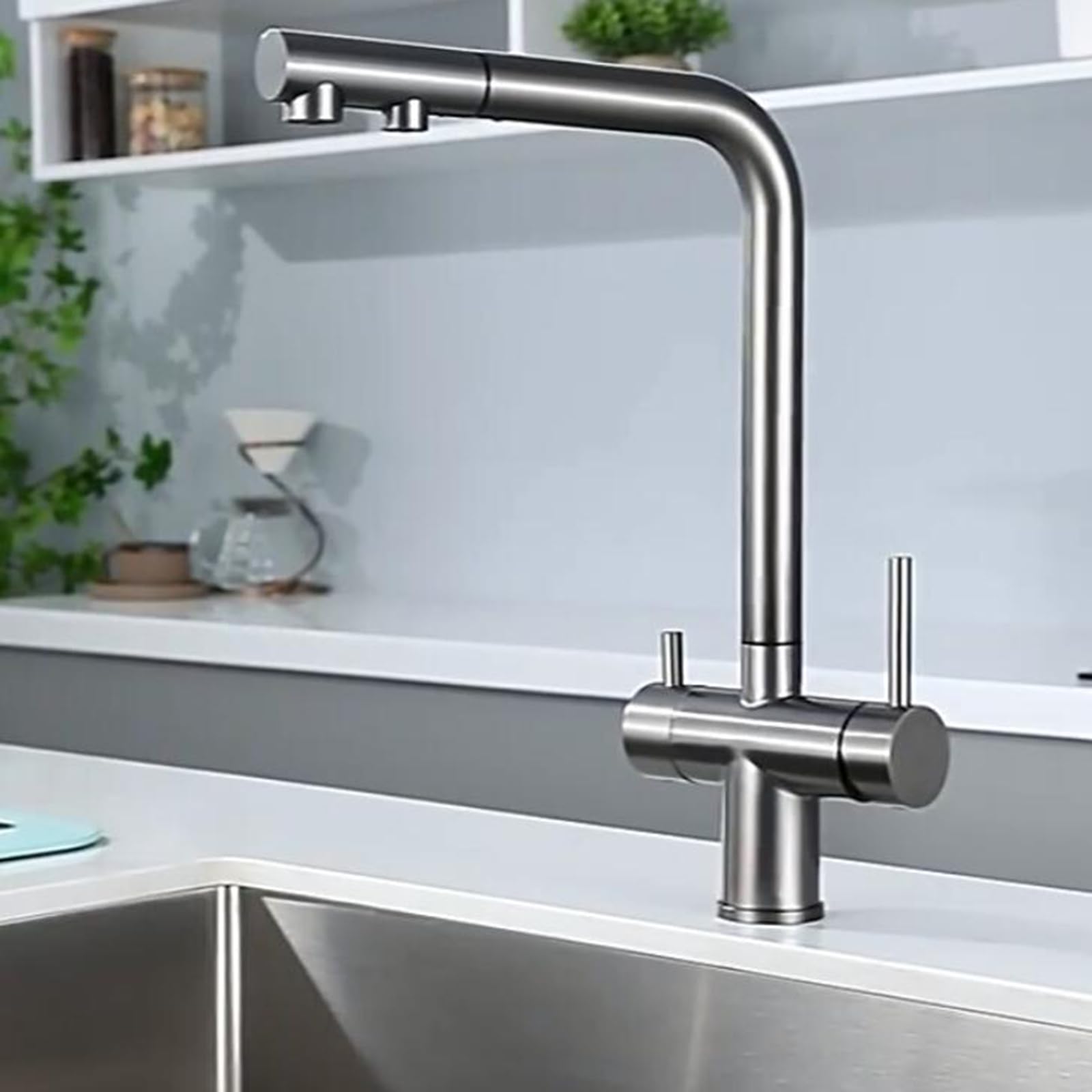 Grifo de Cocina Osmosis 3 Vias Extraíble Grifo de Cocina Acero Inoxidable 2 Mandos Grifo 3 Vias Osmosis-Oro Cepillado