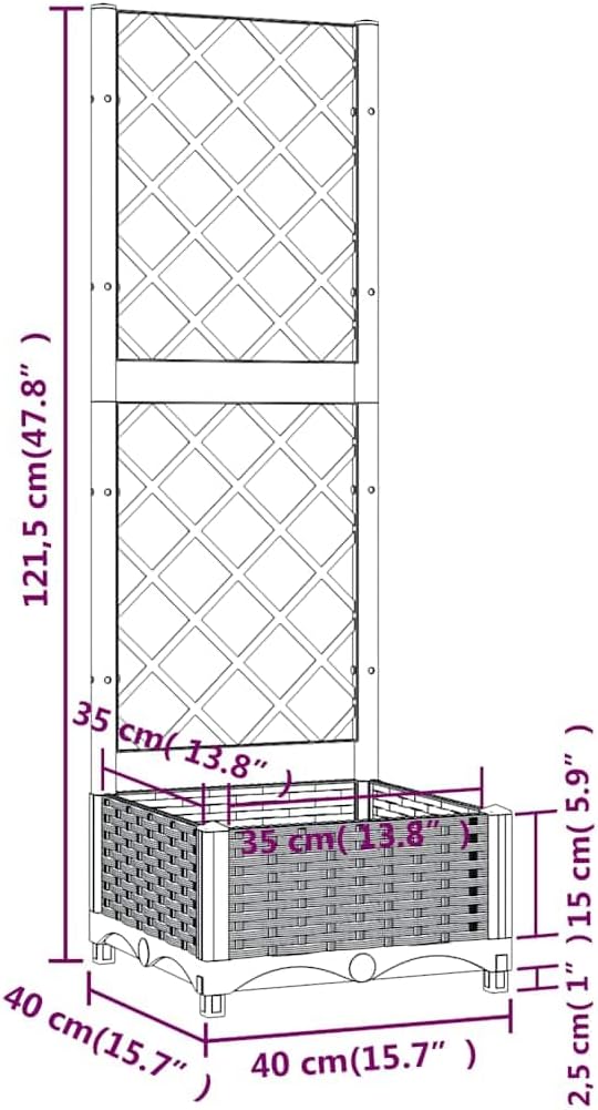 Large Grey-B Polypropylene Garden Planter with Trellis 15.7 x 15.7 x 47.8 in Modern Matte Raised Bed for Balcony Patio Outdoor Plants Tomatoes Roses