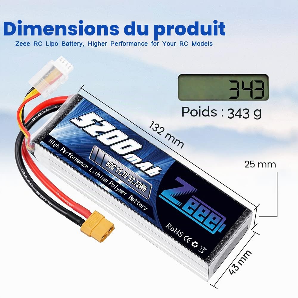 Zeee 3S Lipo Batterie 5200mAh 11,1V 80C avec connecteur XT60(2 pcs)