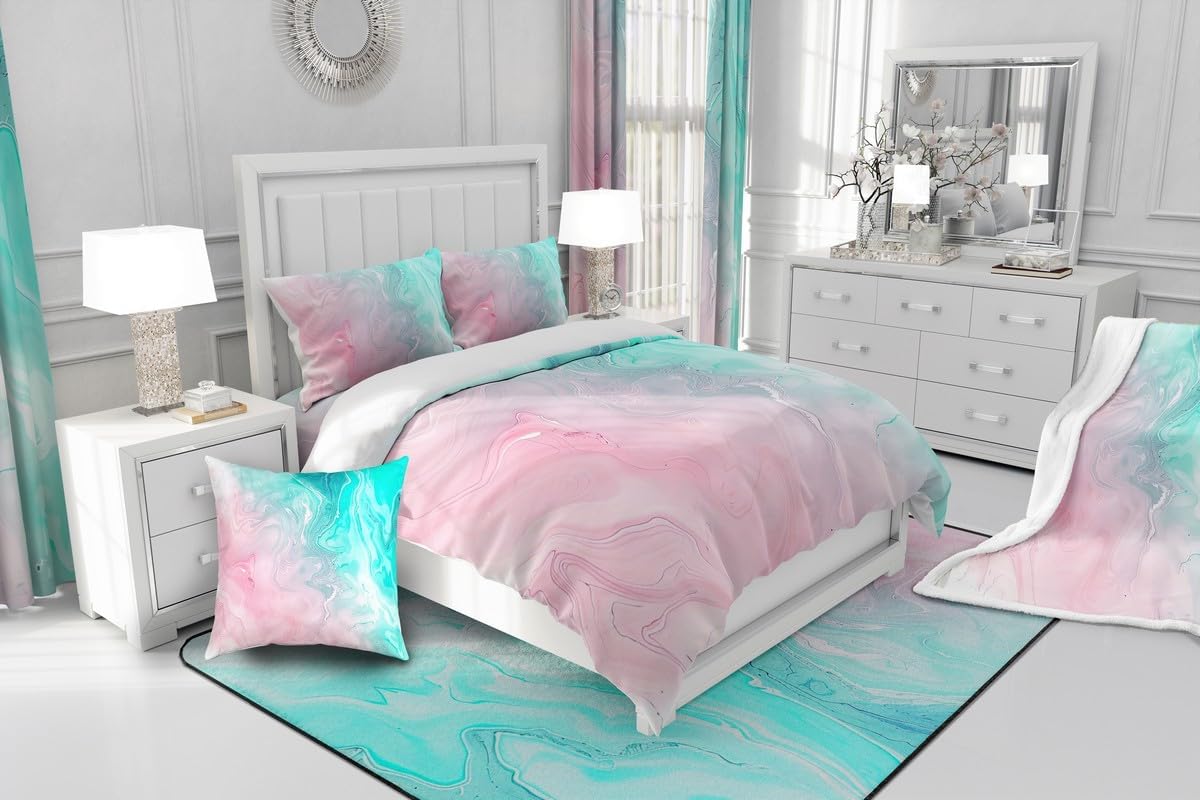 Liquid Marble Bedding Set Modern Pastel Pink Teal Duvet Cover 3 Piece Girly Abstract Watercolor Comforter Cover for Kid Teen Girl, Full Size
