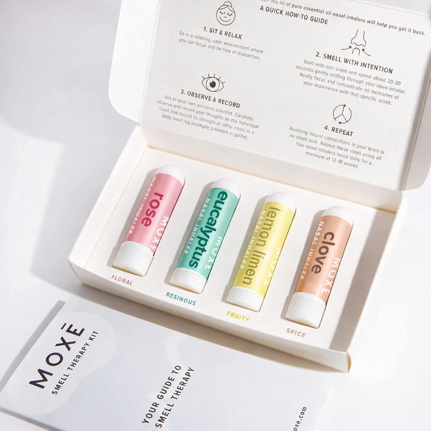 MOXĒ Smell Training Kit, Made in USA, 4 Essential Oils, Olfactory Regeneration, Helps Restore Sense of Smell, Natural Therapy for Smell Loss, Lemon, Rose, Clove, Eucalyptus, Guidebook, Personal Log