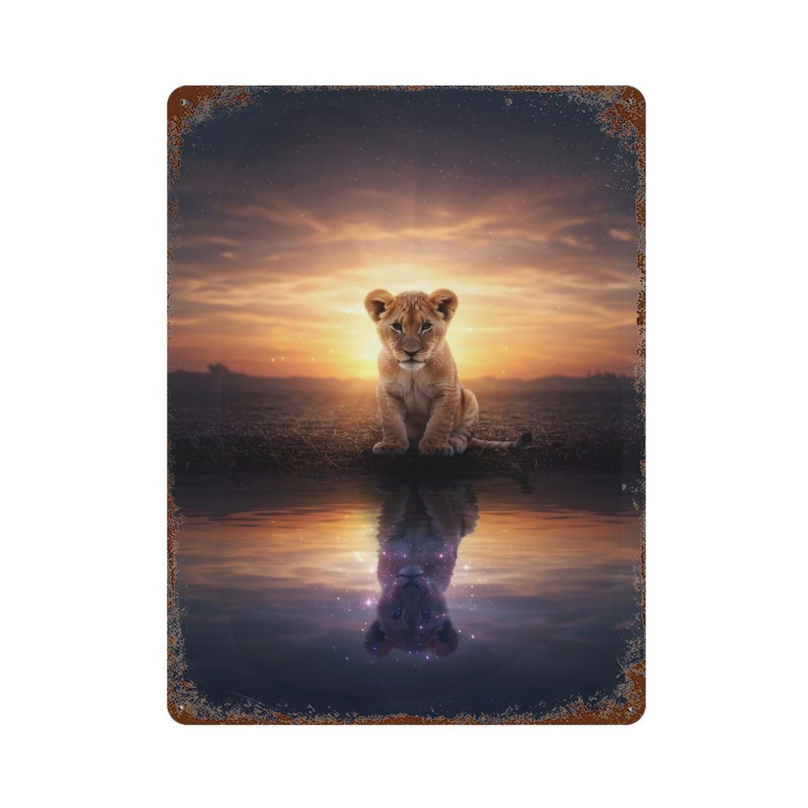 Lion Cub Reflection at Sunset Rusty Metal Tin Sign 15.7"x11.8", Industrial Home Decor for Garage, Pub Or Kitchen
