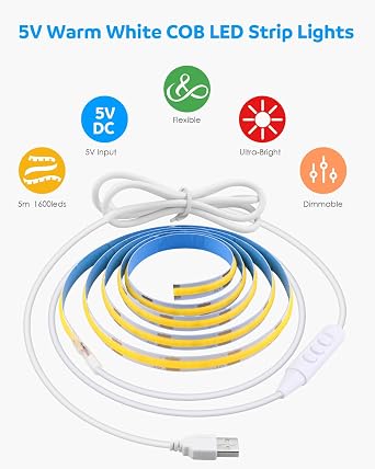 Aclorol COB LED Strip Lights USB Powered 16.4FT/5M 1600Leds Warm White 8mm Width Dimmable COB Tape Light Flexible and Cuttable LED Strip for Bedroom TV Backlight Stairs DIY Lighting CRI85+ 3000K