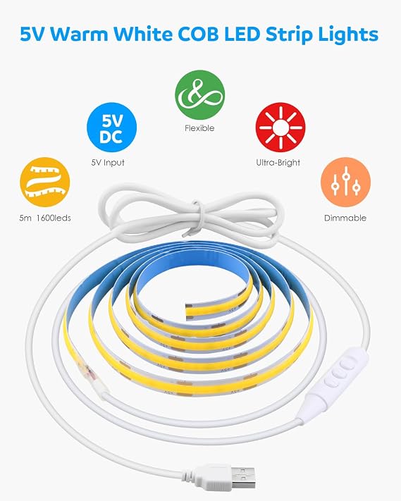 Aclorol COB LED Strip Lights USB Powered 16.4FT/5M 1600Leds Warm White 8mm Width Dimmable COB Tape Light Flexible and Cuttable LED Strip for Bedroom TV Backlight Stairs DIY Lighting CRI85+ 3000K
