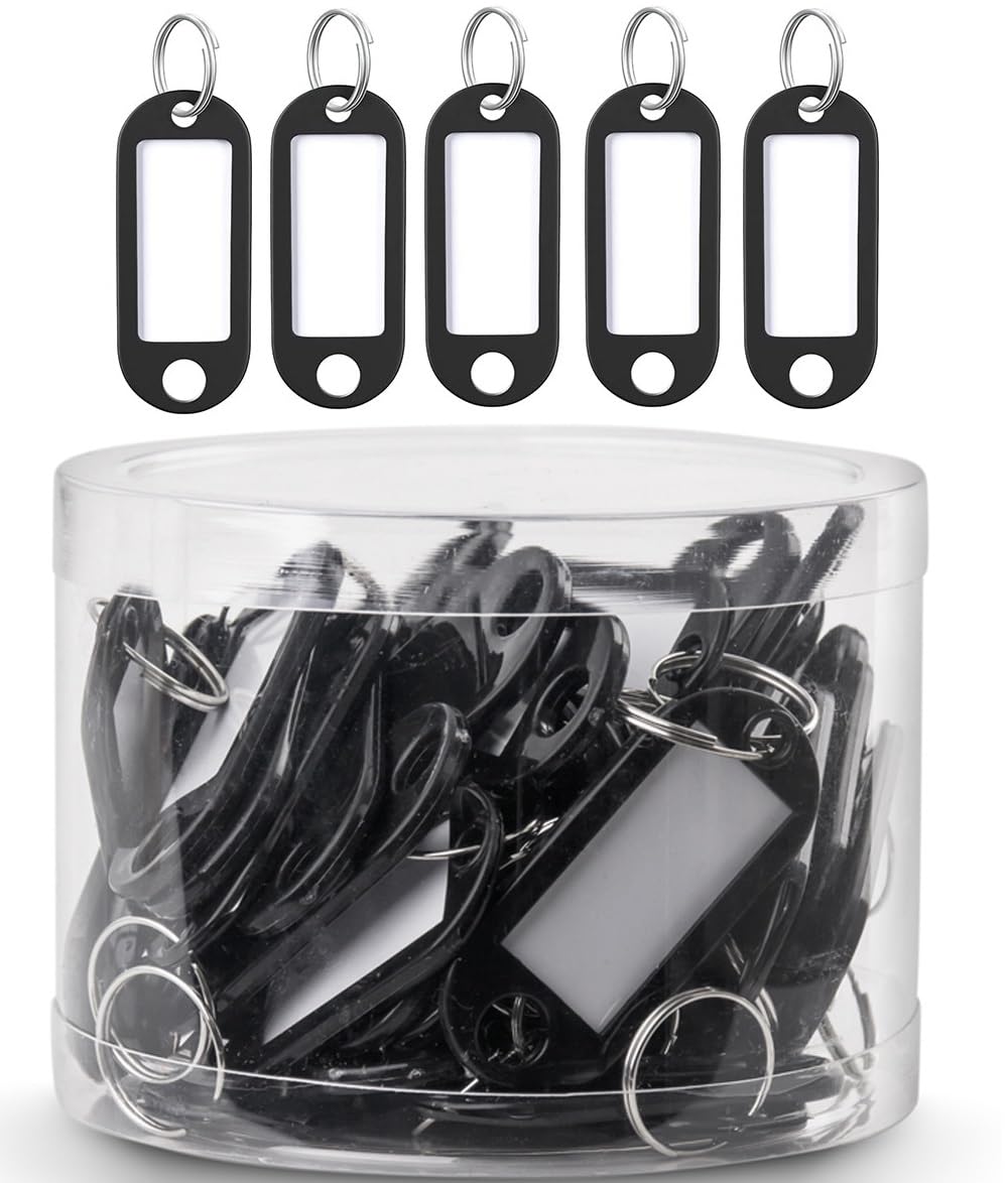 Rubik Plastic Key Tags with Labels 50pcs Pack, Durable Key Rings with Labels For Keys Identification, PET ID, Office, Realestate, Stores, Warehouse (Black)