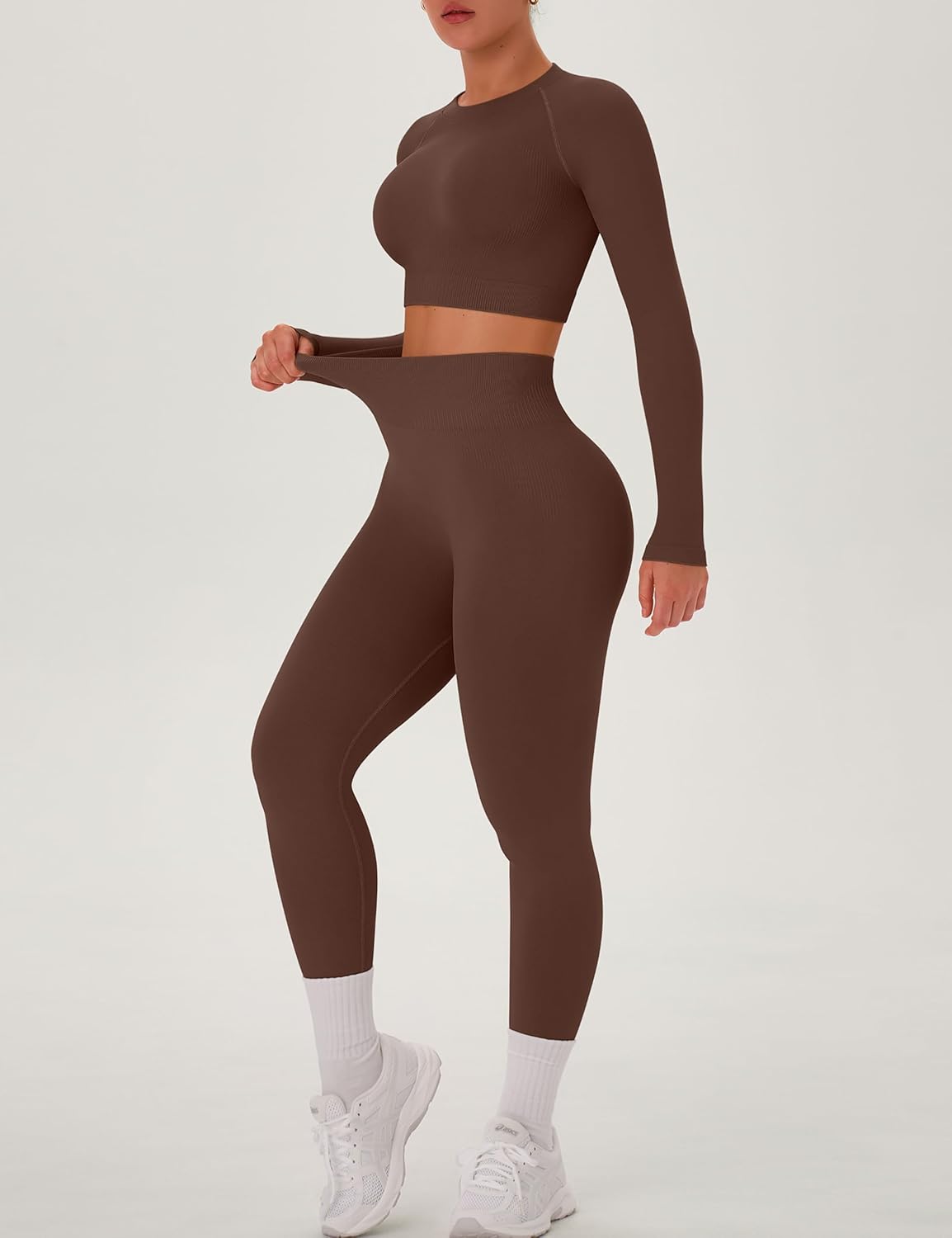 OLCHEE Womens Workout Sets 2 Piece Seamless Long Sleeve Crew Neck Crop Top Shirts Scrunch Butt Leggings Gym Yoga Outfits - Image 4