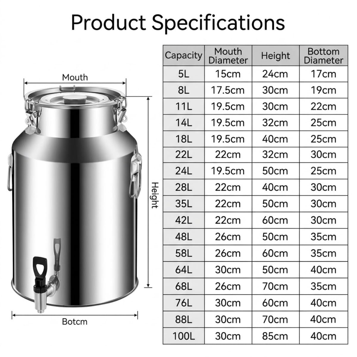 Milchkanne Edelstahl Transportkanne mit Zapfhahn und Deckel, 5-100L | Luftdichter Milcheimer Milchbehälter Transportbehälter für Milch Wein Wasser Aufbewahrung(64L)