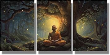 Wall Art for Living Room Buddhist Meditation Wall Art 3 Pieces Buddha Canvas Wall Art Oil Siddhartha Gautama Enlightened under Bodhi Tree Framed Wall Art Posters & Prints Ready to Hang 16X24INCH X3