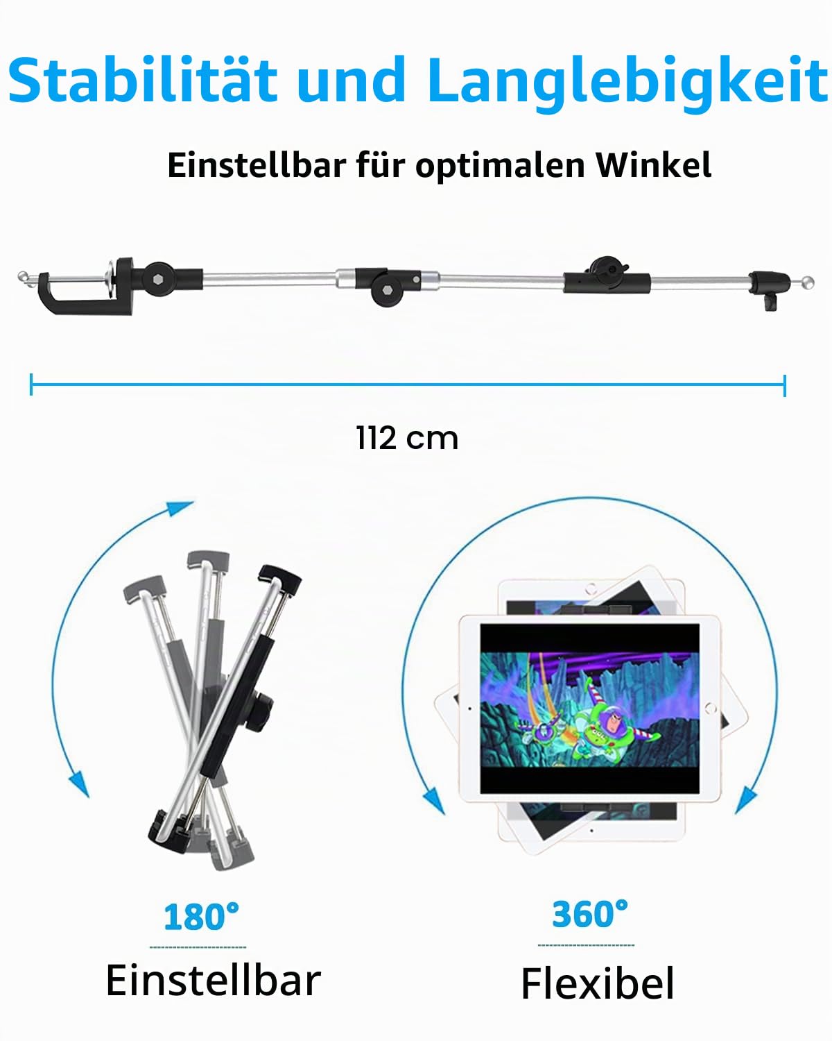 Metall Langem Arm Tablet Halter, Tablet Ständer für Bett Schreibtisch Küche | Flexible Faltbare Verstellbare Aluminium Tablet Halterung für iPad Pro 12.9 Air Mini, Galaxy Tab, Switch, iPhone 4-13"