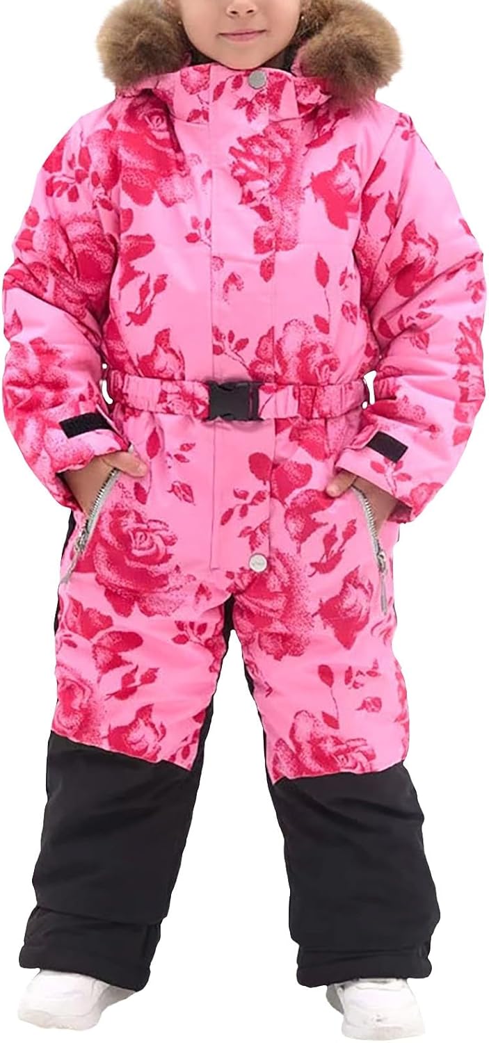 Unisex Kids Snowsuit Waterproof Ski Suit Girls Floral Snow Suit Boys Insulated Ski Jumpsuit Warm Padded Coverall Snowboarding