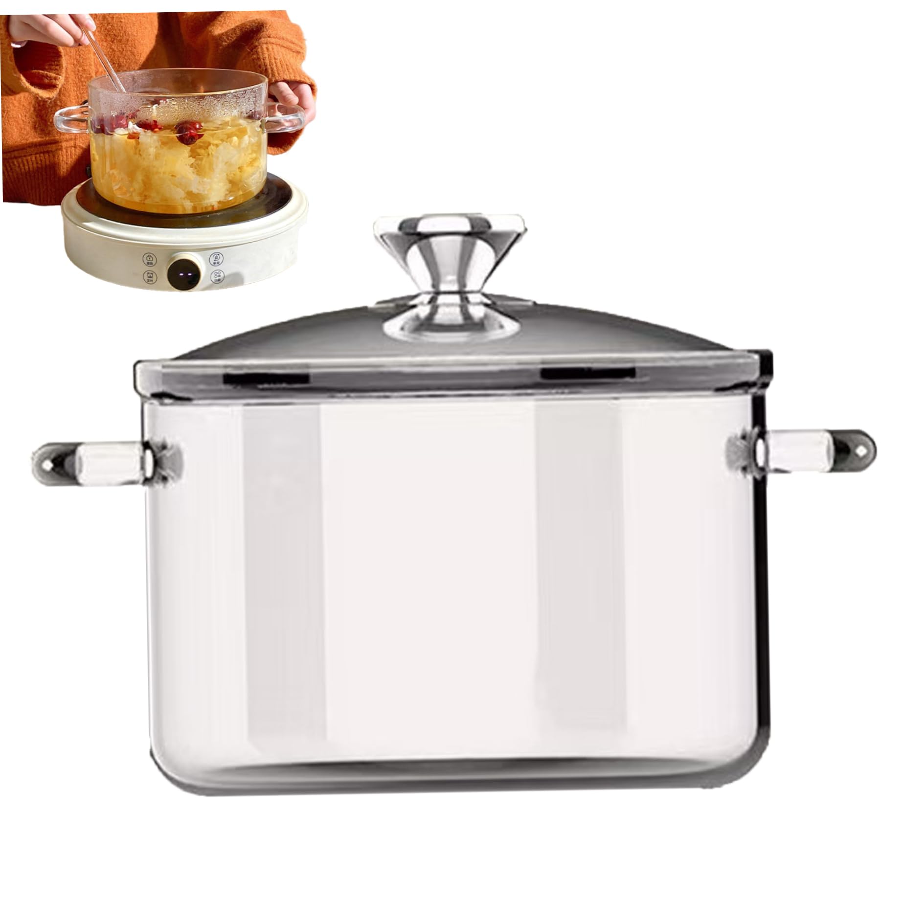 Pentole in vetro per cucinare sul fornello, pentola in vetro trasparente per cuocere a fuoco lento, pentole grandi da 3, 5 litri, pentola sicura borosilicato con manici antiscottatura a doppio orec